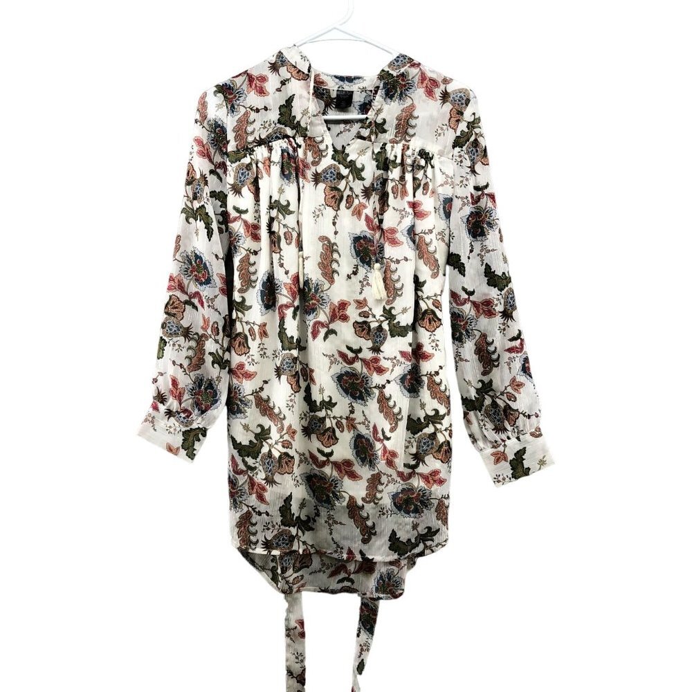 Madison Lilly Long Sleeve Tunic Blouse Womens XS Tie Waist Boho Ivory Crepe‎